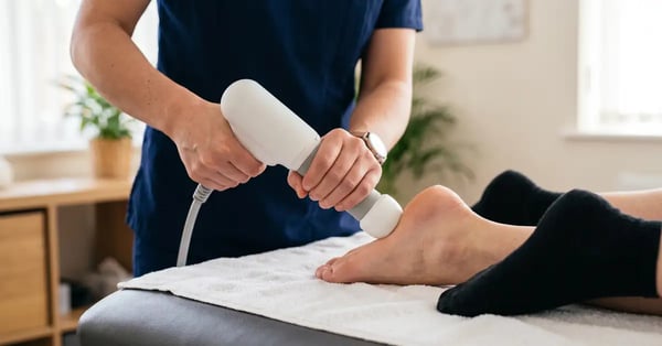 Shockwave therapy device being applied to patient heel for plantar fasciitis treatment