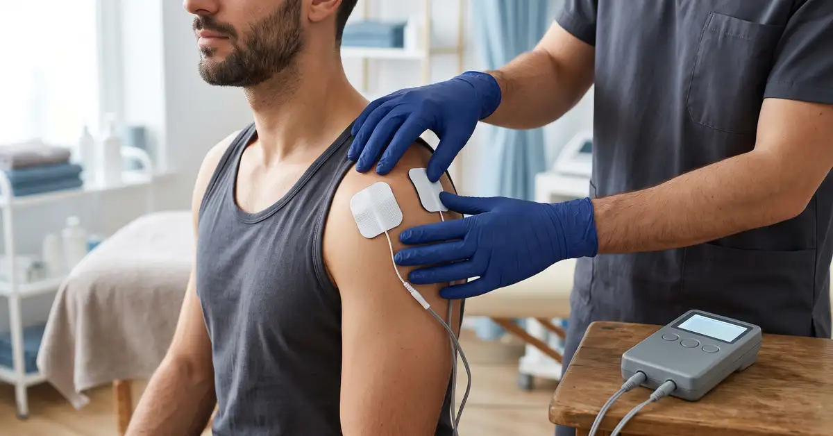 Physiotherapist placing TENS electrode pads on a patient's shoulder for pain relief