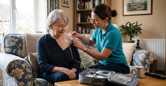 Physiotherapist applying a TENS pad to an older woman's shoulder during a home visit