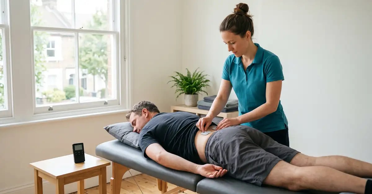 Physiotherapist applying TENS electrodes to a patient's lower back in a bright treatment room