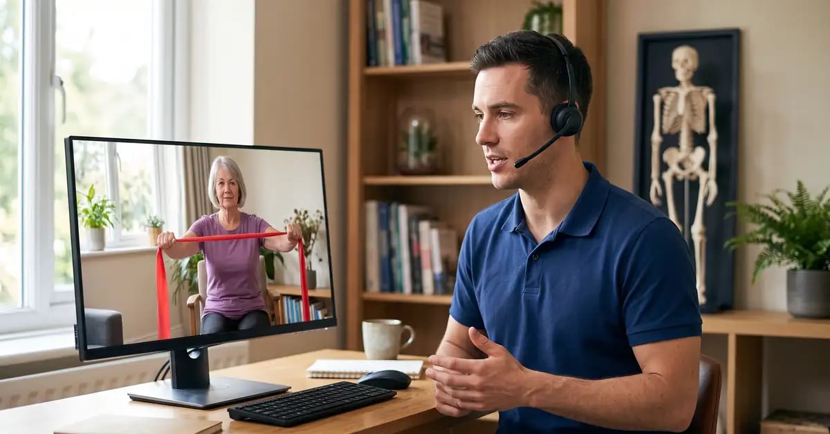 Physiotherapist delivering a virtual physiotherapy session to a patient exercising at home
