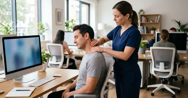 Male office worker receiving neck and shoulder physiotherapy treatment at his desk in a modern workplace environment