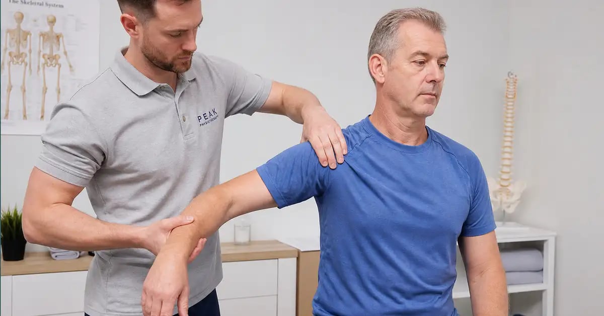 Physiotherapist performing the Hawkins-Kennedy impingement test on a patient's shoulder