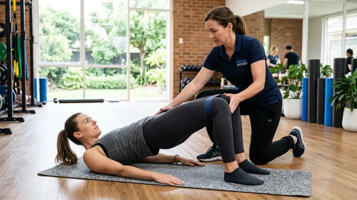 Patient performing guided physiotherapy exercises for sciatica recovery with resistance band in a bright treatment room