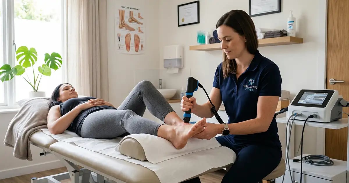 Physiotherapist applying shockwave therapy to patient heel in modern West London clinic