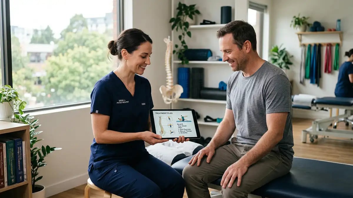 Physiotherapist consulting with patient about treatment options in modern West London clinic