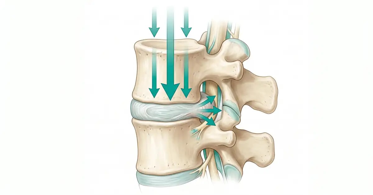 Anatomical cross-section of a lumbar disc compressed under sneeze pressure, with force pushing outward on the nerve roots