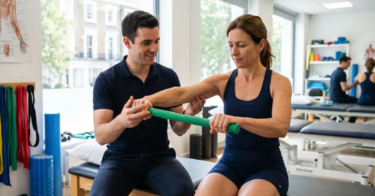A patient performing the Tyler Twist eccentric wrist-extension exercise with a green Thera-Band FlexBar under supervision of a CK Physio chartered physiotherapist
