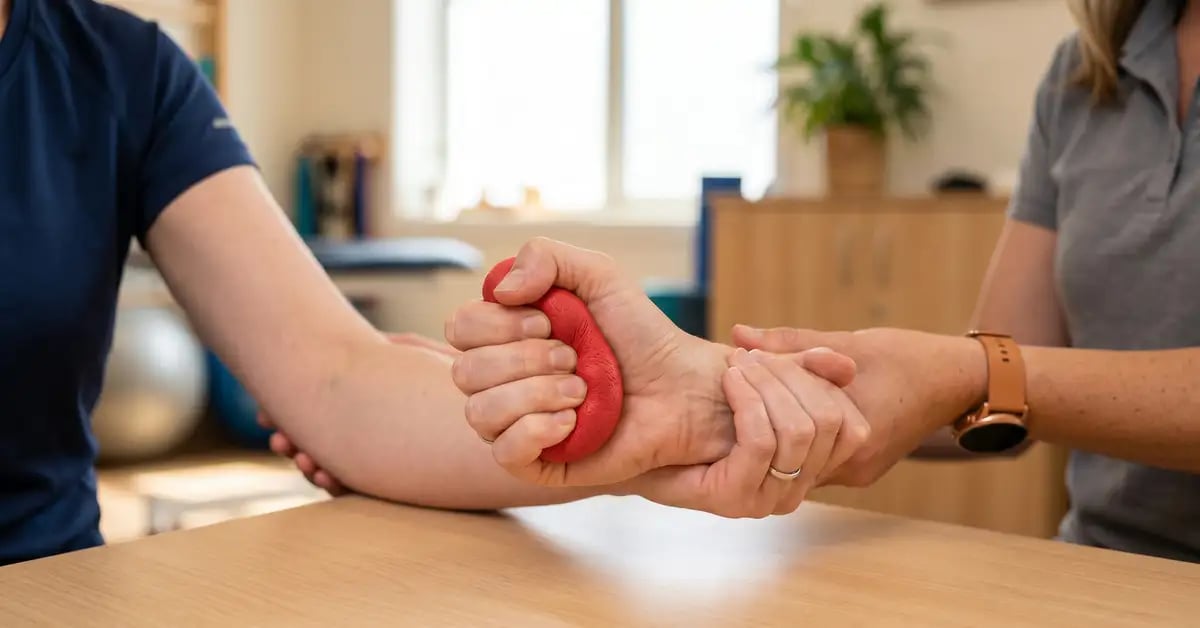 A patient squeezing red therapeutic putty during a grip-strengthening rehabilitation exercise, guided by a CK Physio physiotherapist