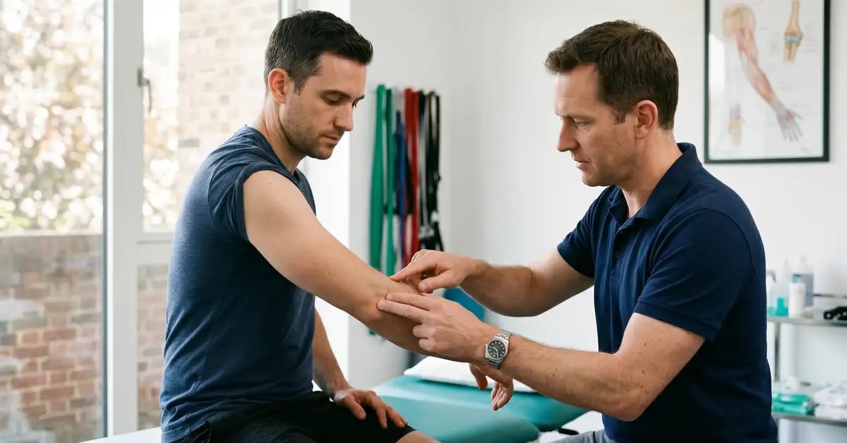 A CK Physio chartered physiotherapist examining a patient's right elbow in a West London treatment room, palpating the lateral epicondyle