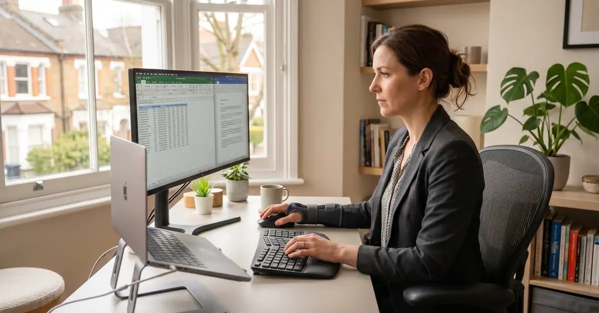 A West London professional working at an ergonomic desk setup with forearm supported, wrist in neutral, wearing a counterforce brace for tennis elbow