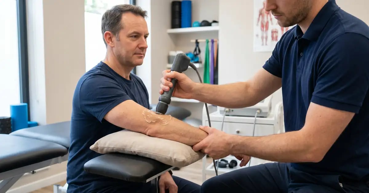 A CK Physio chartered physiotherapist applying a radial extracorporeal shockwave therapy device to a patient's lateral elbow
