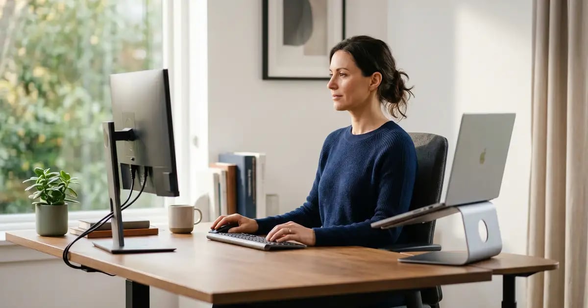 A professional working at an ergonomic West London home-office desk with monitor at eye level, shoulders relaxed and neck in a neutral posture
