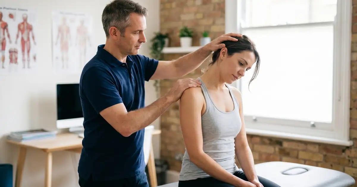 A CK Physio chartered physiotherapist assessing a patient's cervical range of motion during a trapped-nerve consultation in a West London treatment room