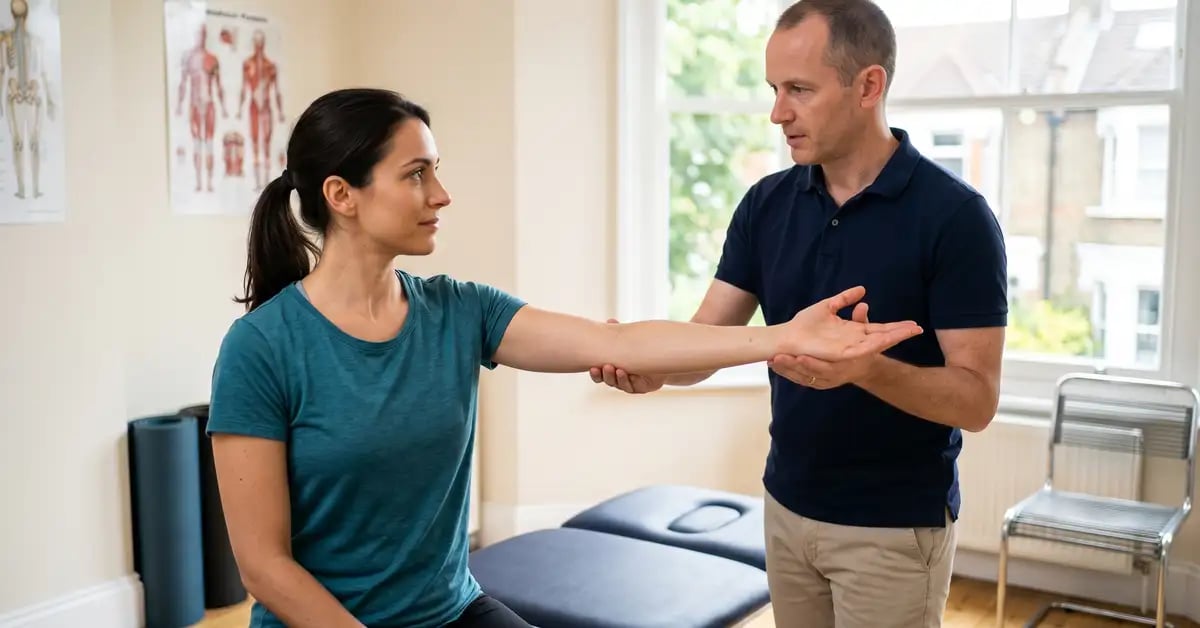 A CK Physio physiotherapist guiding a patient through a median nerve glide exercise during trapped-nerve rehabilitation
