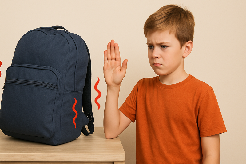 child looking at a heavy bag