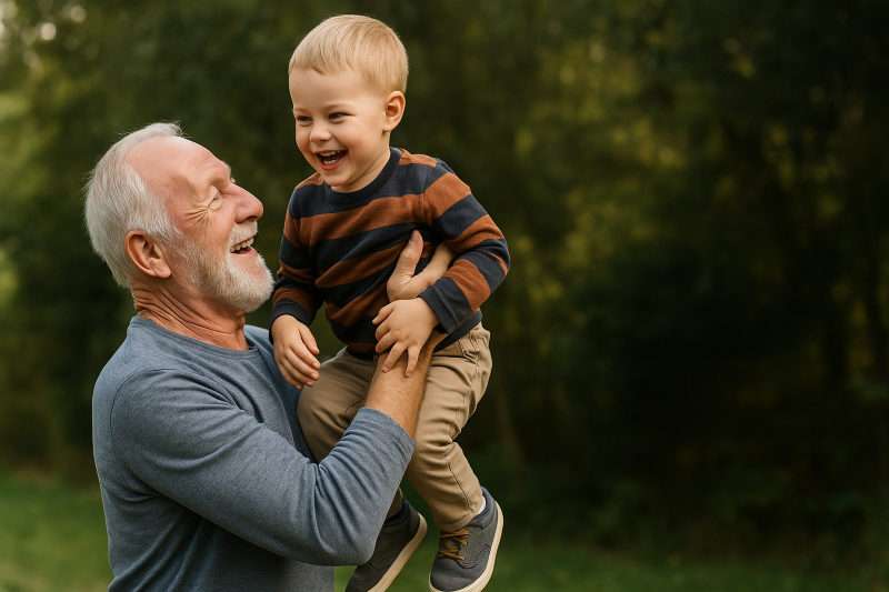 grandfather happily carrying his grandson