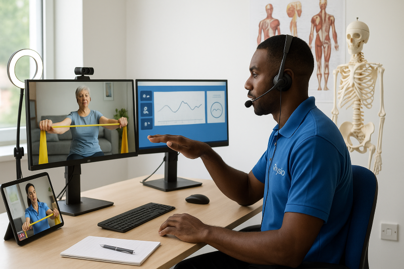 Create a realistic image showing virtual physiotherapy in the UK. Keep the image size at 800x400. 