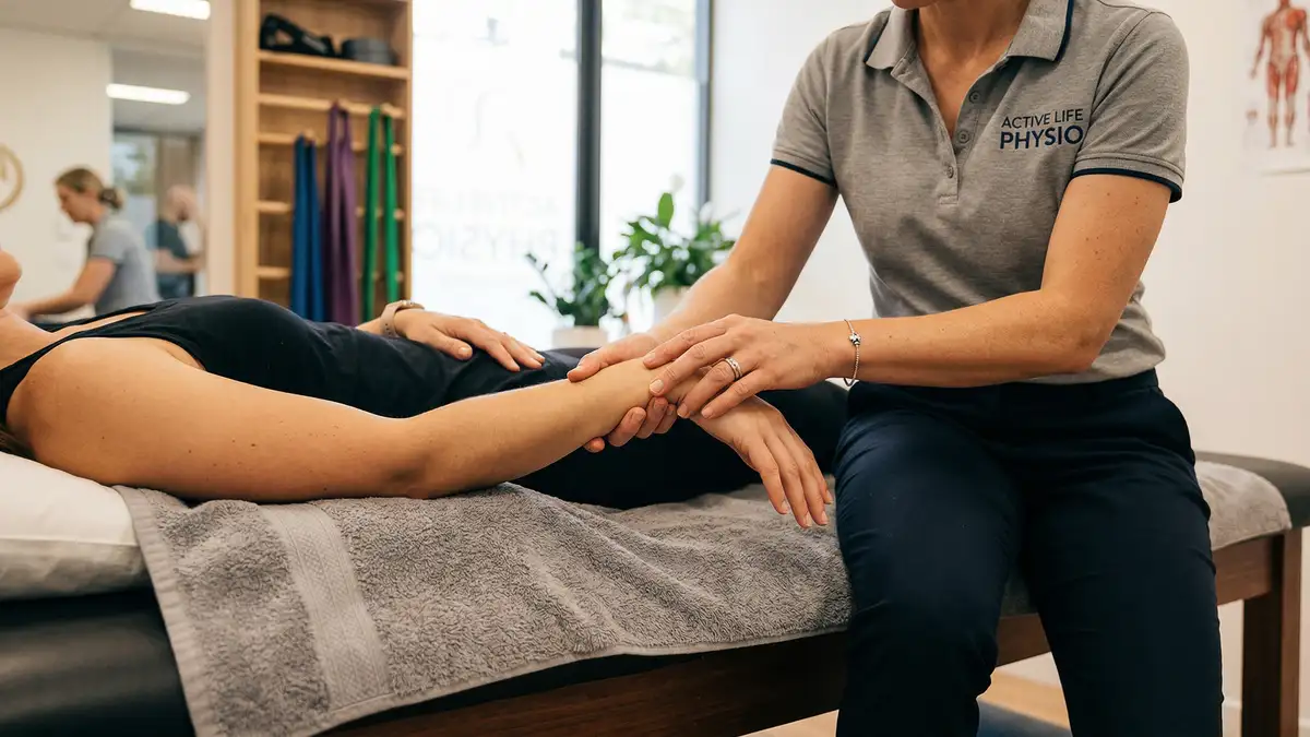 Physiotherapist guiding a patient through a wrist stretching exercise for carpal tunnel syndrome treatment