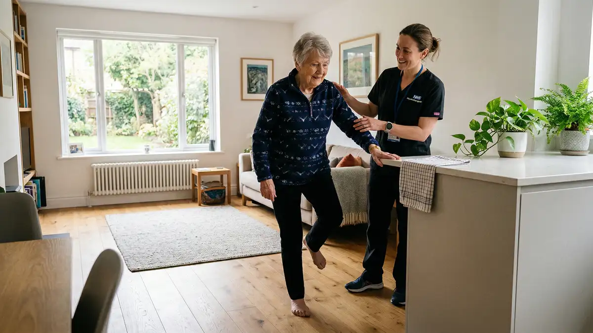 Elderly woman performing balance exercises with physiotherapist guidance during home visit in Ealing, West London