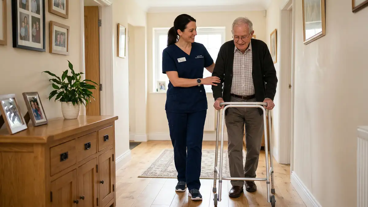 Chartered Physiotherapist helping elderly patient with mobility exercises during home visit in Hanwell, West London