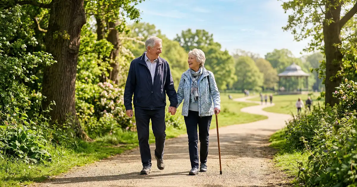 Active elderly couple walking confidently in a West London park, representing independence through physiotherapy