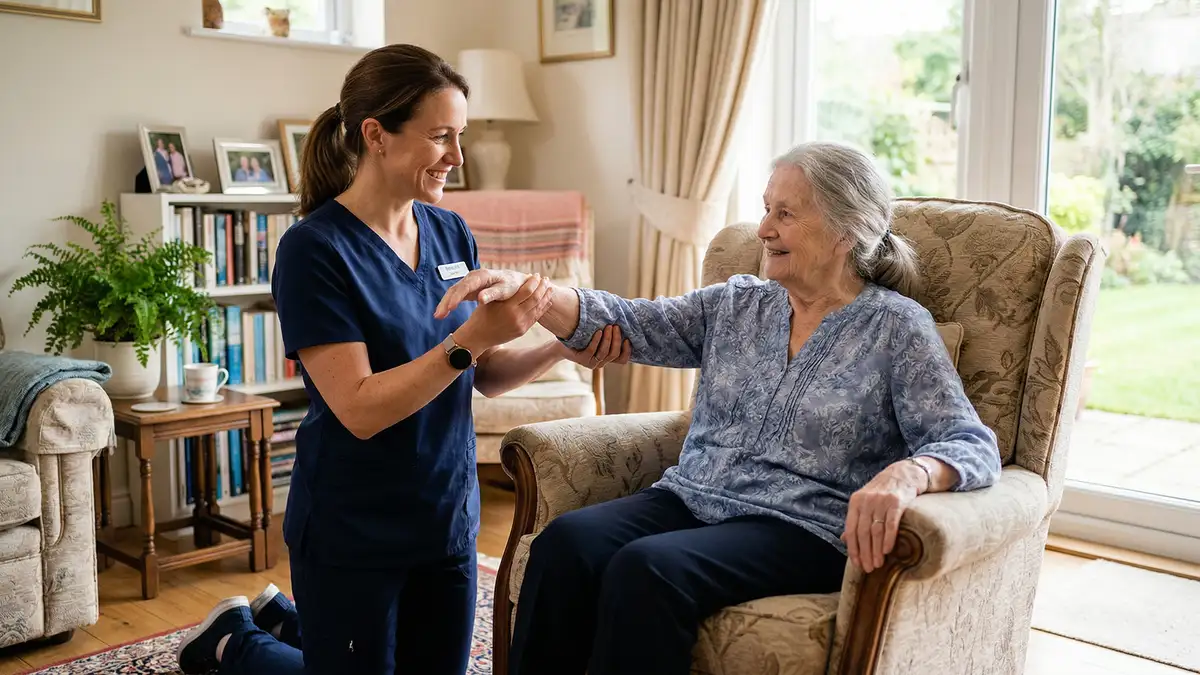 Elderly patient receiving gentle physiotherapy treatment for joint mobility at home in West London