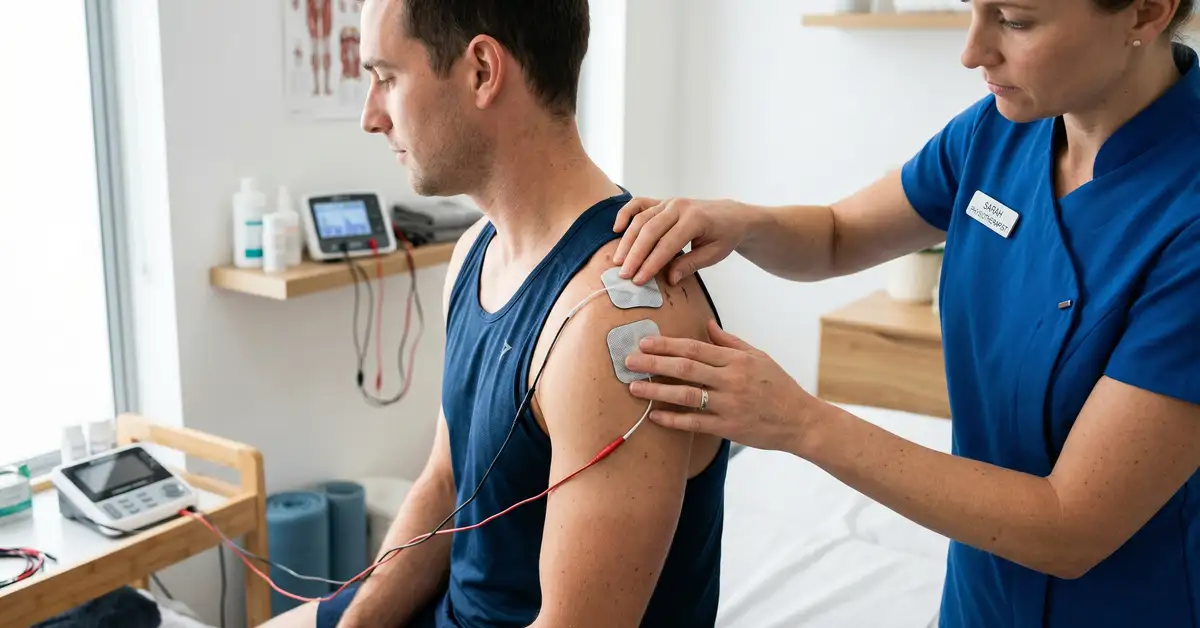 Physiotherapist applying electrotherapy electrodes to patient in modern clinic setting