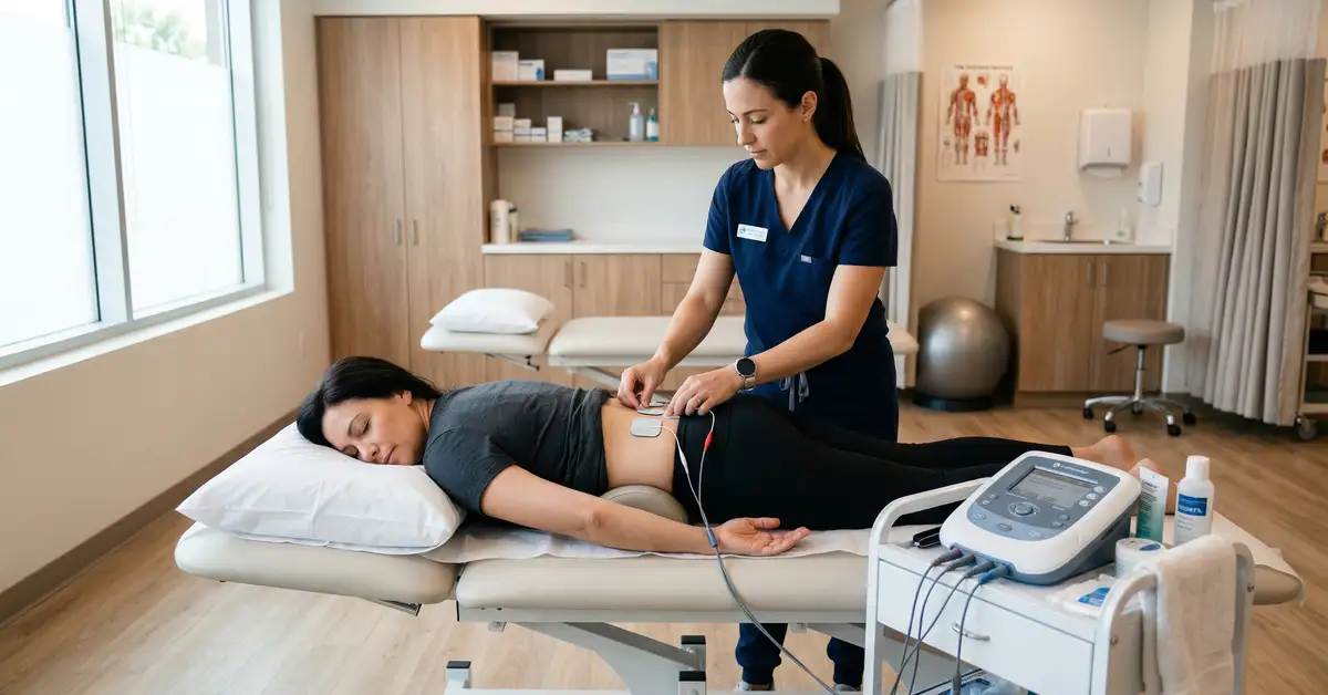Physiotherapist applying electrotherapy electrode pads to patient's lower back in modern clinic