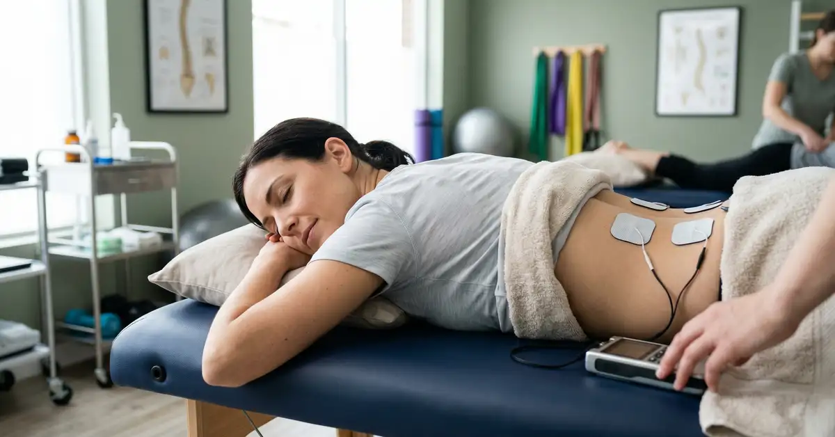 Patient receiving TENS electrotherapy treatment for chronic back pain