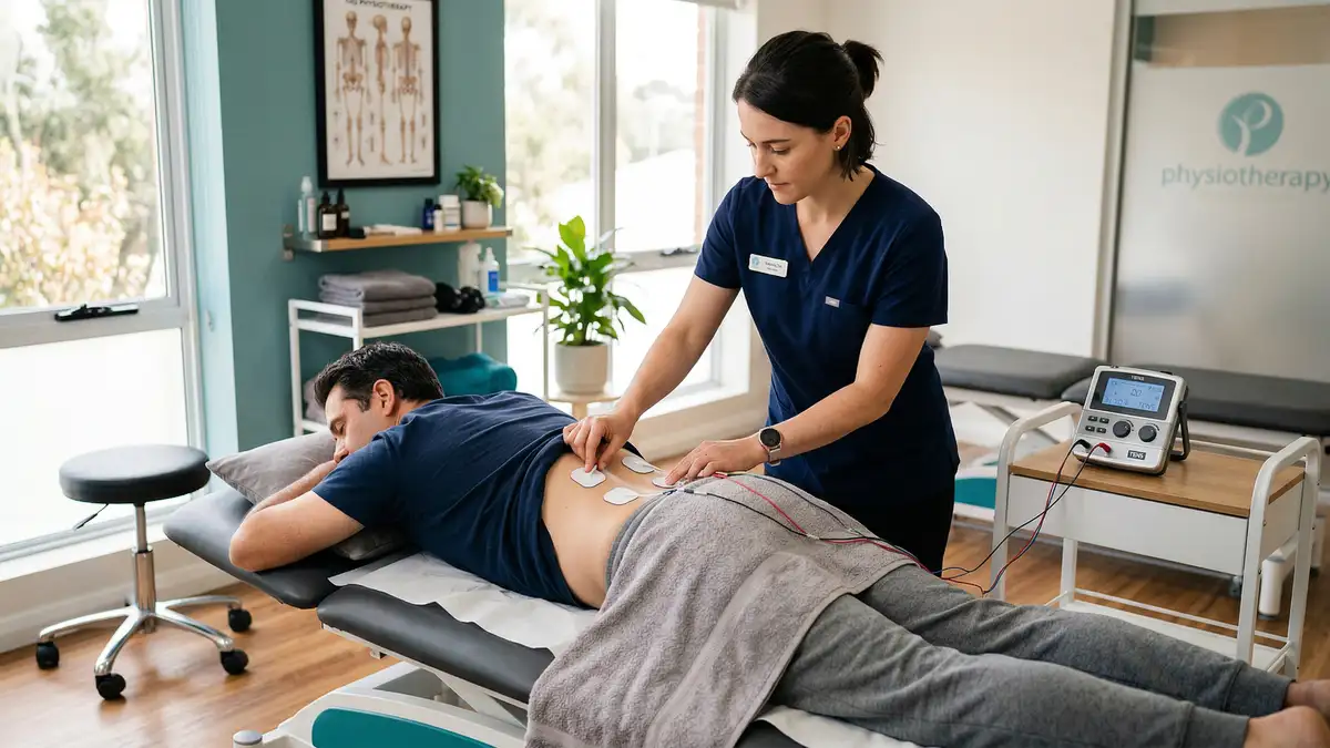 Physiotherapist placing electrotherapy electrode pads on a patient's lower back in a modern West London clinic