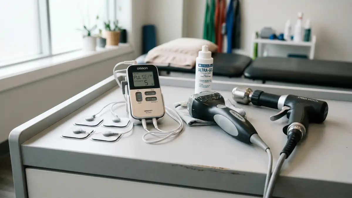 Electrotherapy equipment including TENS machine, therapeutic ultrasound transducer, and shockwave therapy handpiece used in physiotherapy