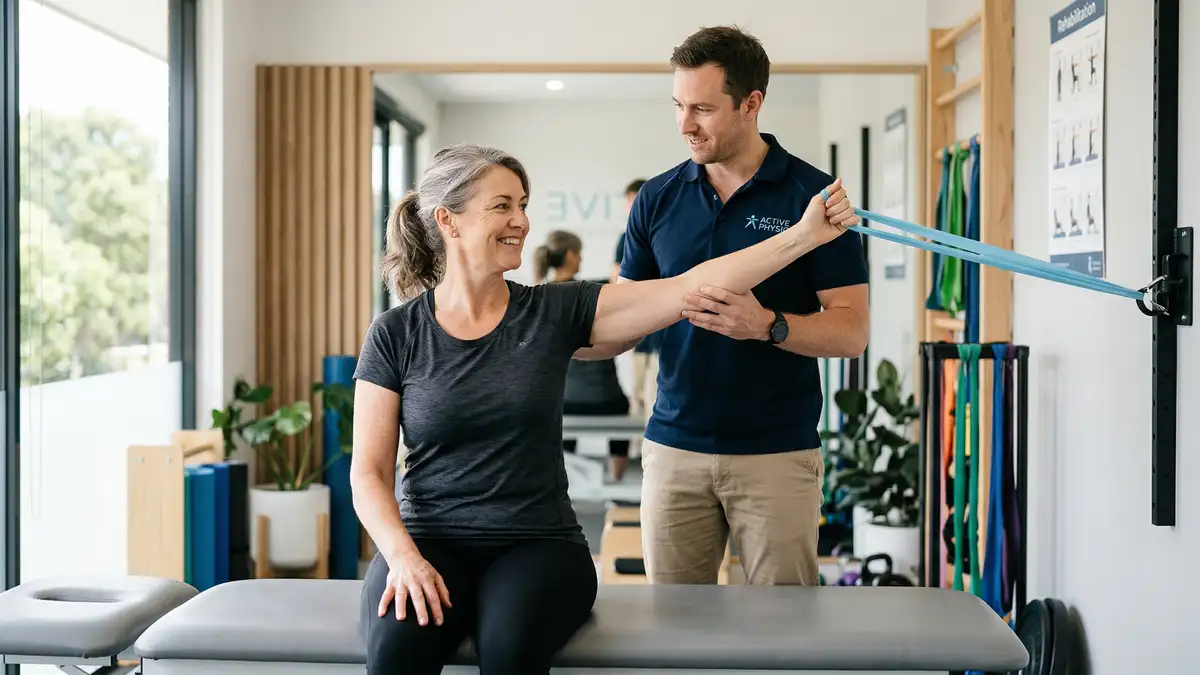 Patient performing guided recovery exercises with a physiotherapist after electrotherapy treatment in West London