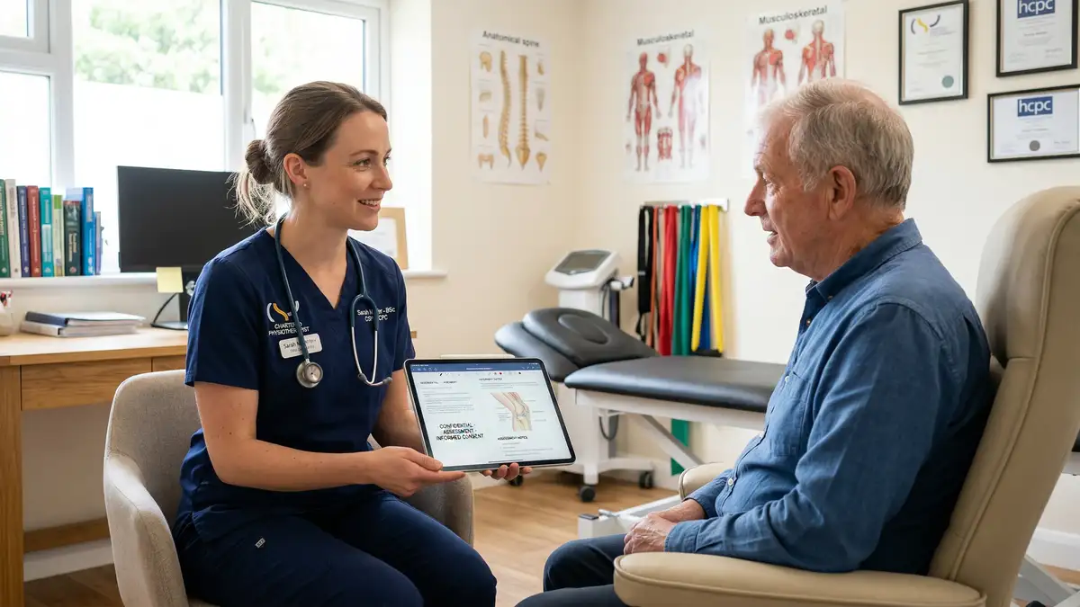 Chartered physiotherapist conducting a safety assessment and contraindication screening before electrotherapy treatment
