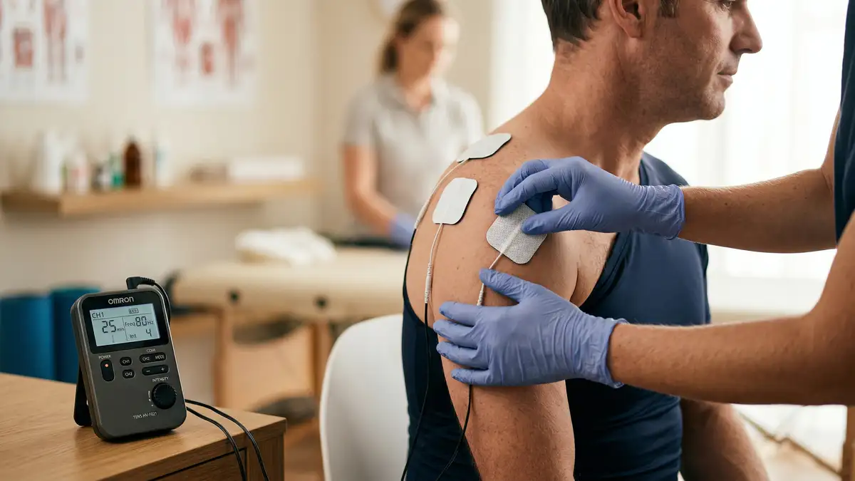 Close-up of TENS electrode pads being carefully positioned on a patient's shoulder during safe electrotherapy treatment