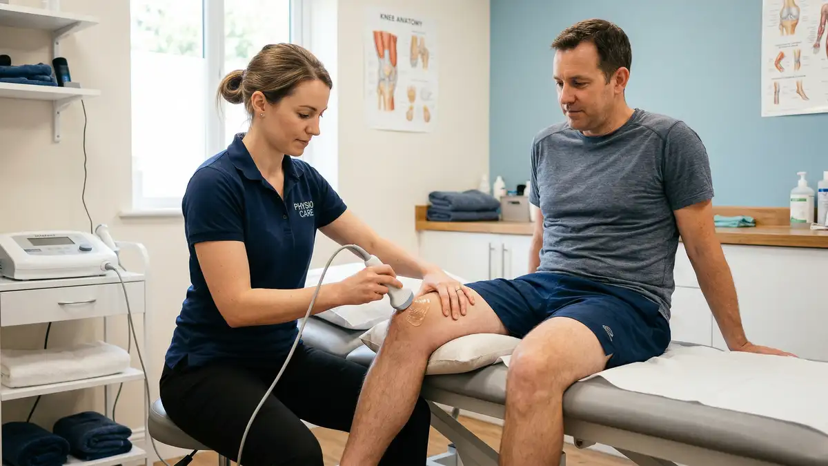 Physiotherapist applying therapeutic ultrasound to a patient's knee during electrotherapy treatment session
