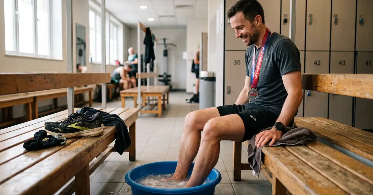 Male athlete soaking his feet in an Epsom salt foot bath after running, sitting in a changing room