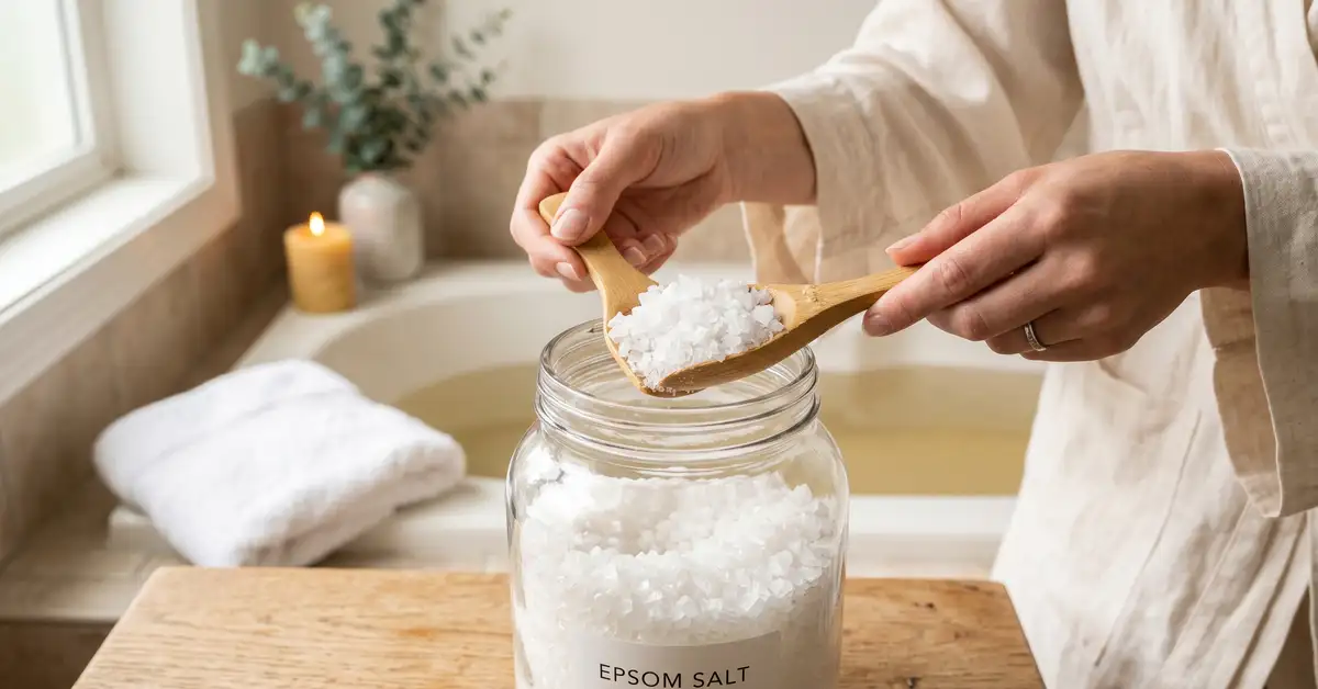 Glass jar of white Epsom salt crystals with a wooden measuring scoop on a marble bathroom surface