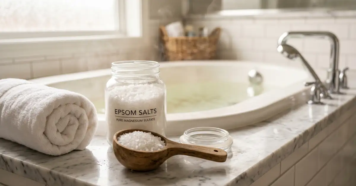 Glass jar of Epsom salt crystals with a wooden scoop and rolled towel beside a warm bath