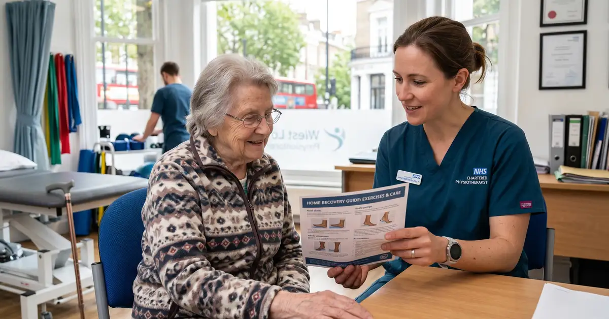 Chartered physiotherapist advising an elderly patient about home recovery exercises in a West London clinic