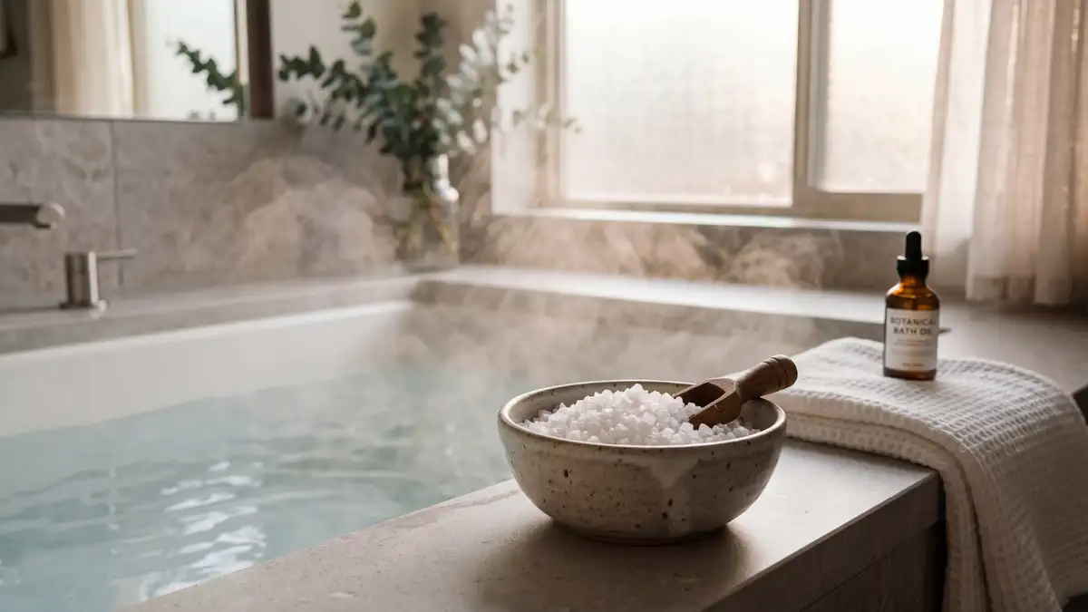 White Epsom salt crystals in a ceramic bowl beside a warm bath for muscle pain relief