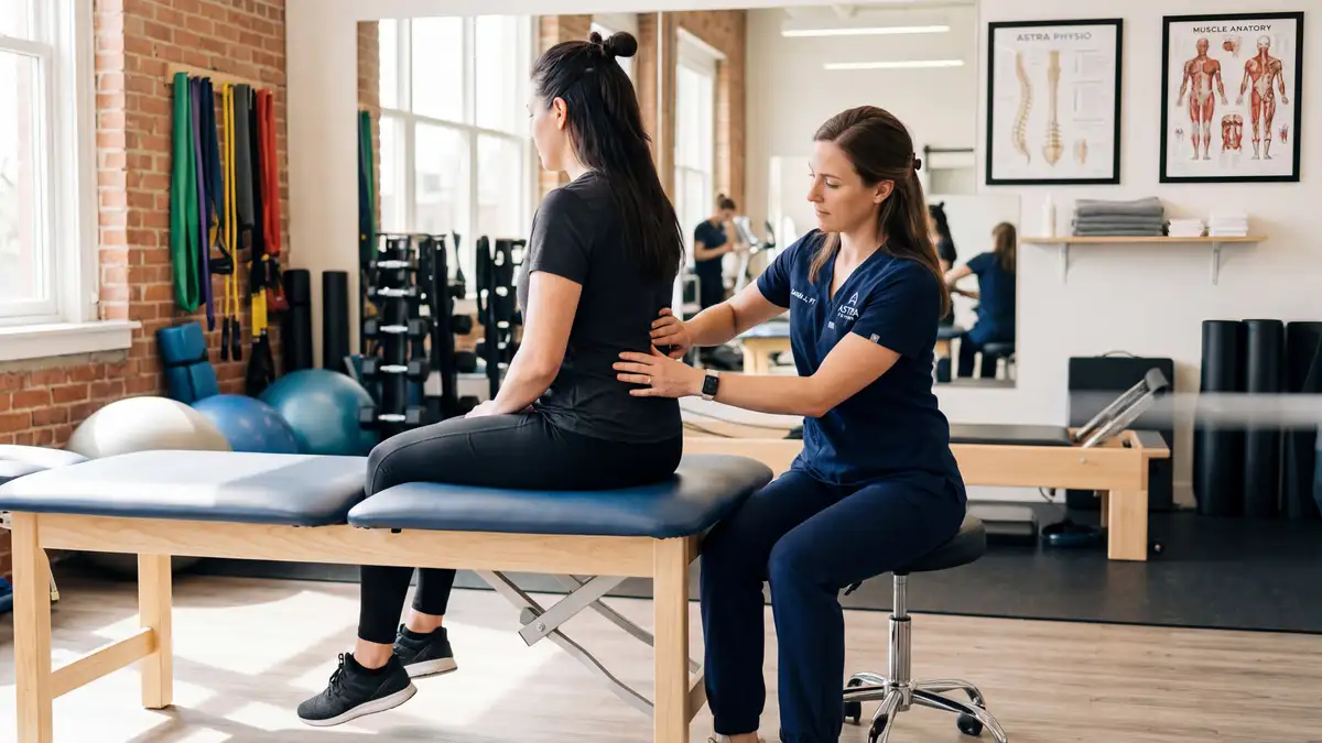 Chartered physiotherapist assessing a patient's lower back in a modern West London clinic