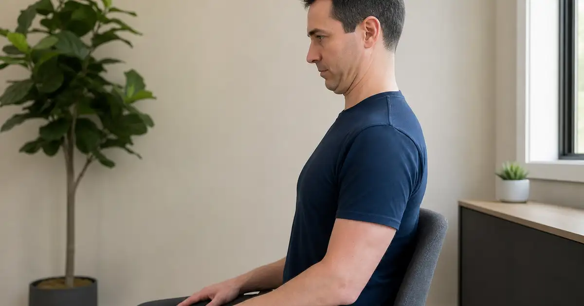 Adult performing a chin-tuck craniocervical flexion exercise to strengthen the deep neck flexors