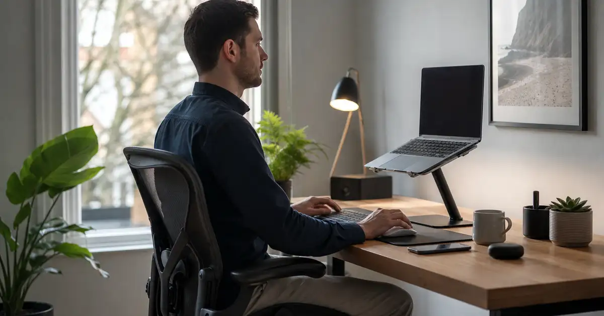 Hybrid worker at an ergonomic desk with the laptop raised to eye height and upright posture