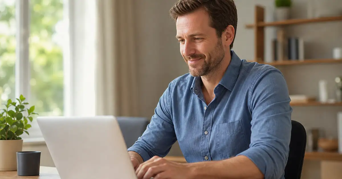 Adult working comfortably and free of headache pain at a tidy desk with good posture