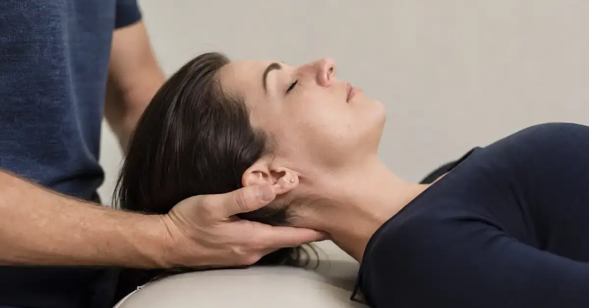 Physiotherapist performing gentle upper-cervical and suboccipital manual therapy on a patient lying down
