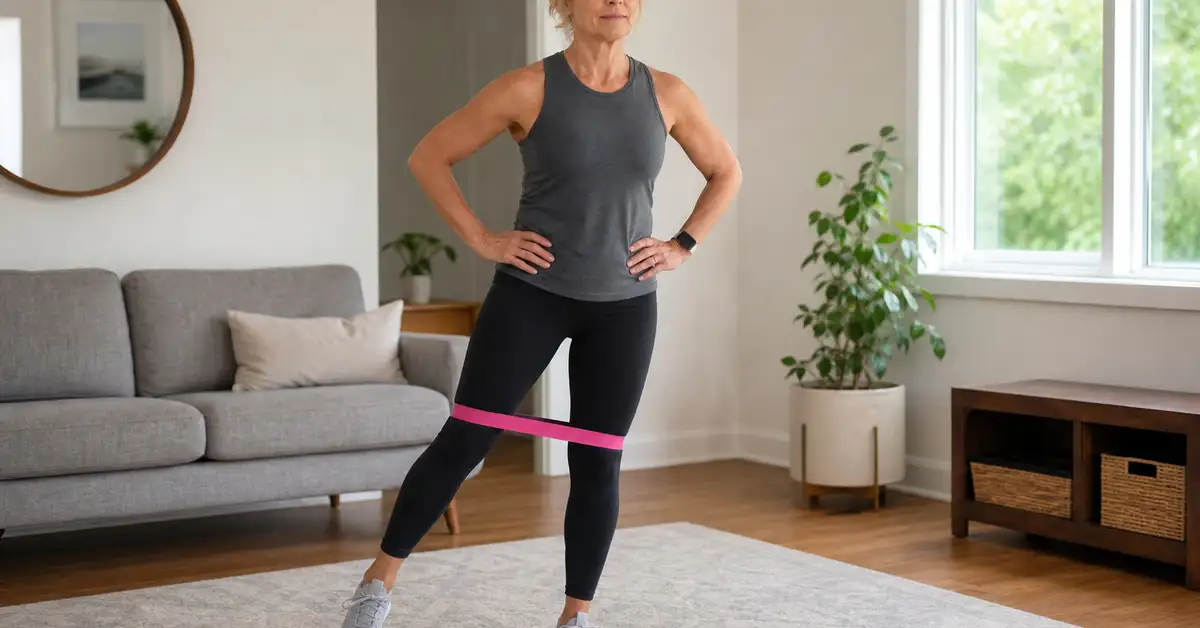 Woman performing standing hip abduction with a resistance band to strengthen the gluteal muscles