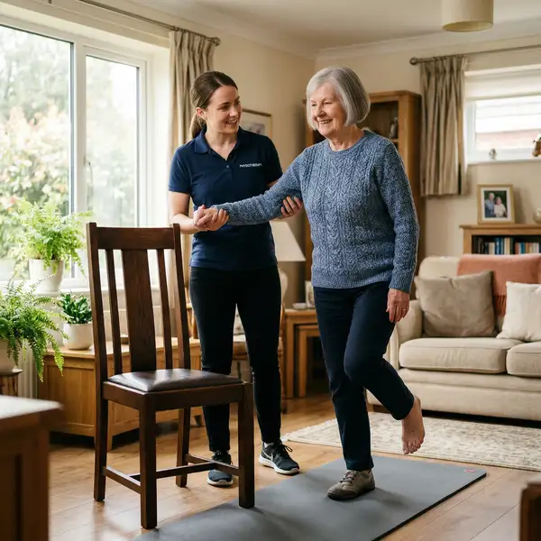 Elderly woman doing guided balance exercises at home with a physiotherapist supporting her during a home visit session