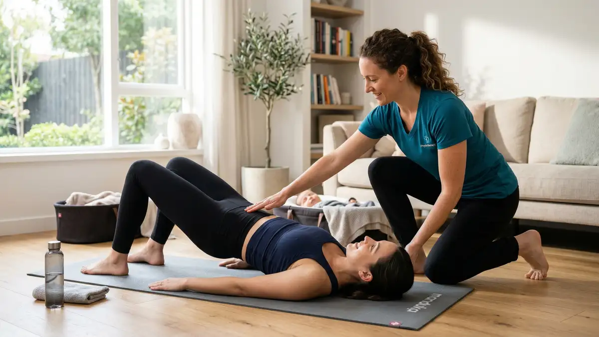 Young mother performing gentle postnatal core exercises on a yoga mat at home guided by a physiotherapist demonstrating correct form