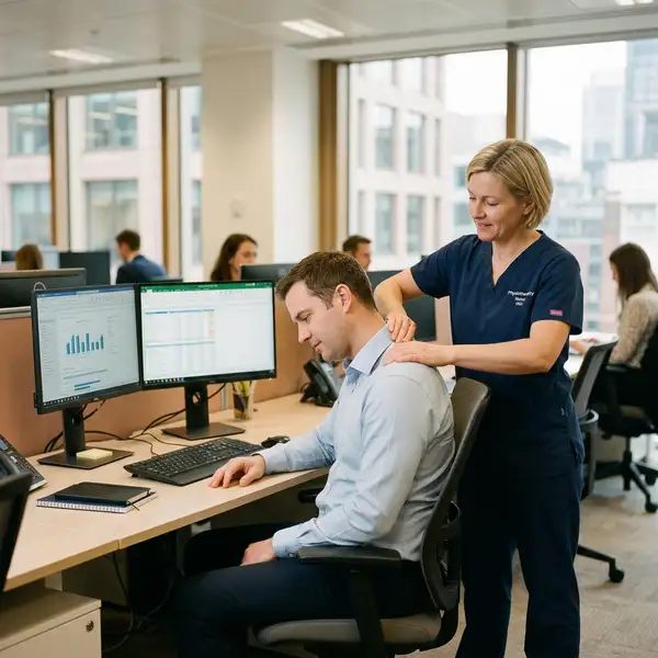 Male office worker receiving neck and shoulder physiotherapy treatment at his desk in a modern workplace environment